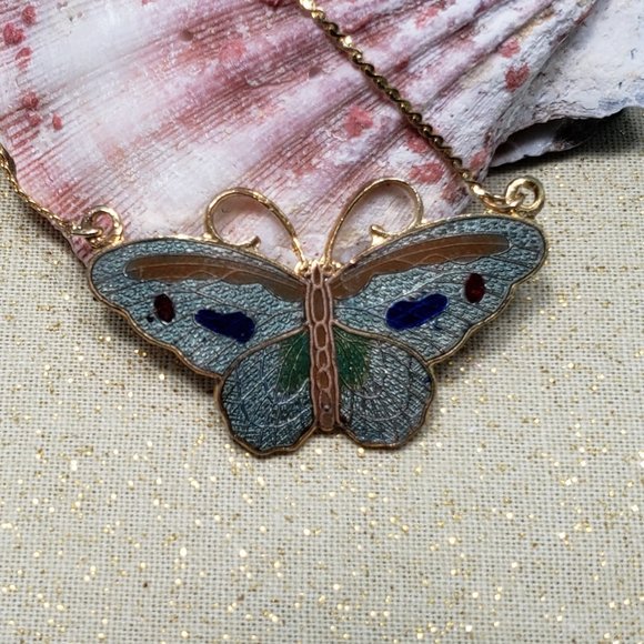 Vintage cloisonne enamel goldwork butterfly gray - Picture 2 of 3